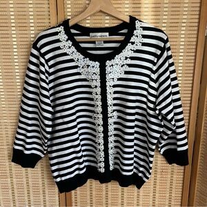 Cathy Daniels Black & White Striped Sweater Cardigan with Floral Sequin Trim XL